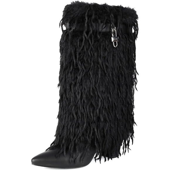 ⚡Women's Black Fold Over Faux Fur Mid Calf Boots Chunky Heel Point Toe - Picture 1 of 7